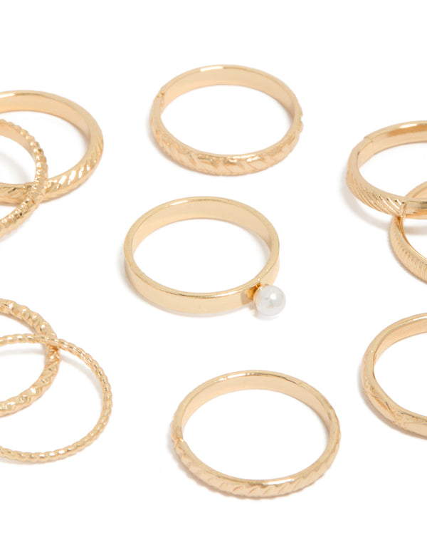 Gold Textured & Pearl Rings 10-Pack