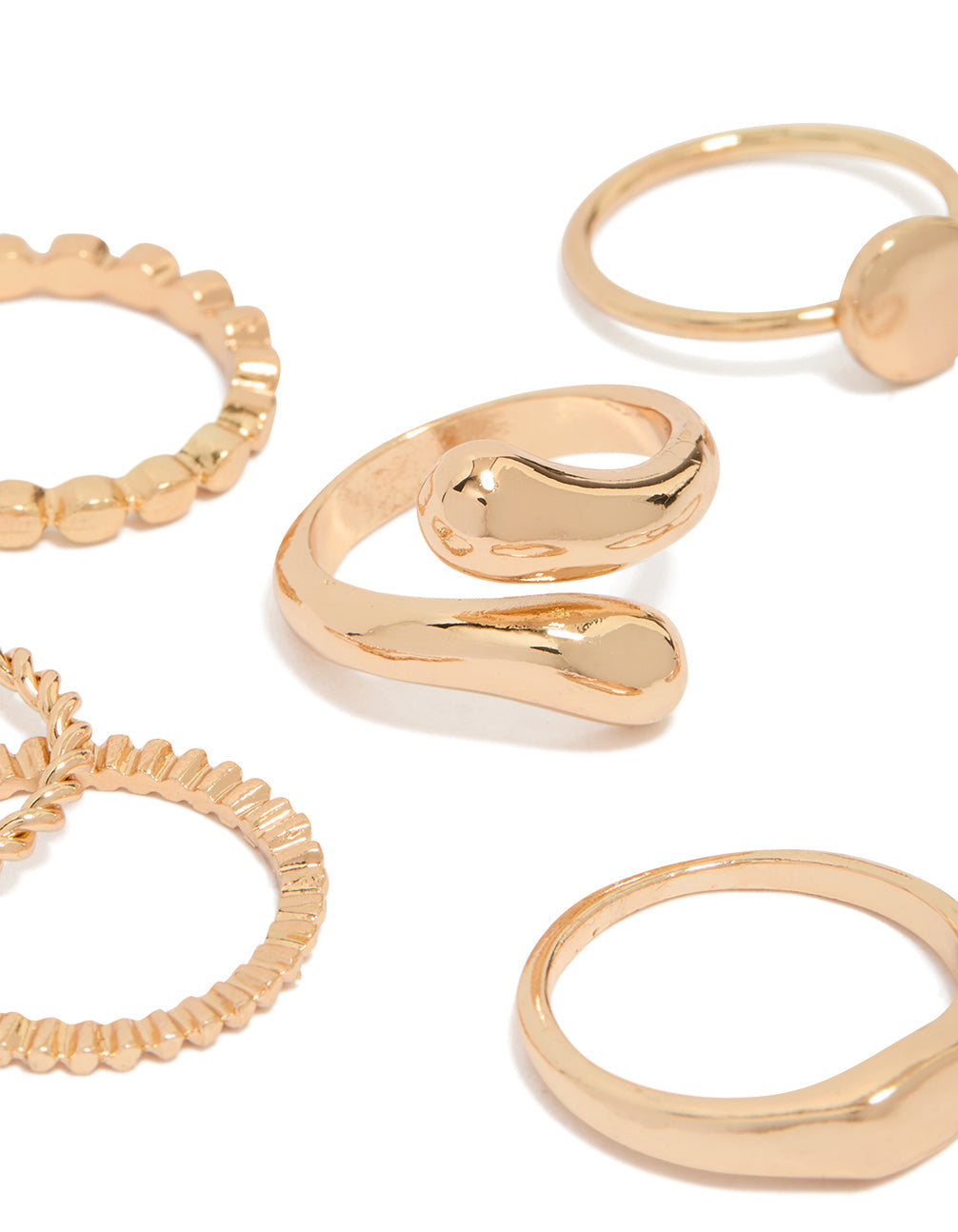 Discover gold thin wrap circle and rectangle signet rings 8-pack with beads in dainty style close up view