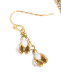 Featuring waterproof gold plated stainless steel forget me not flower drop earrings in white close up view - link has visual effect only