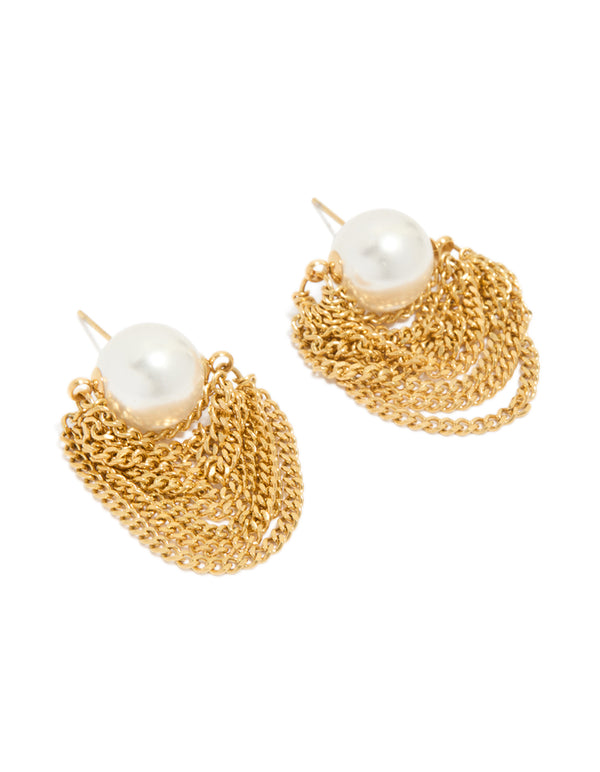 Waterproof Gold Plated Stainless Steel Pearl Chain Stud Earrings