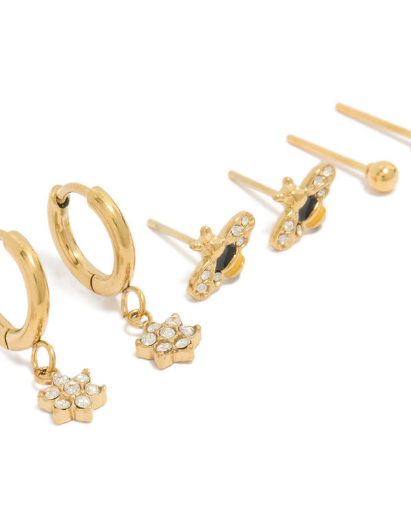 Discover waterproof gold plated stainless steel bumble bee and flower cubic zirconia earrings 4-pack stud closure close up view