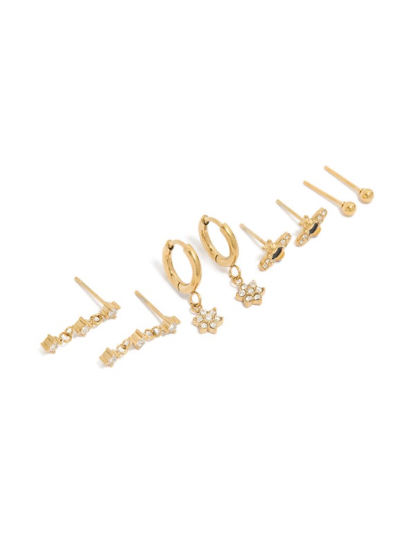 Explore this waterproof gold plated stainless steel bumble bee and flower cubic zirconia earrings 4-pack stud closure front view