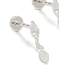 Featuring waterproof stainless steel marquise cubic zirconia drop flat back studs with crystal detail in silver and clear earrings close up view - link has visual effect only