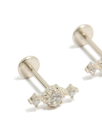 Showcasing waterproof stainless steel textured cubic zirconia trio flat back stud earrings in silver and clear close up view - link has visual effect only