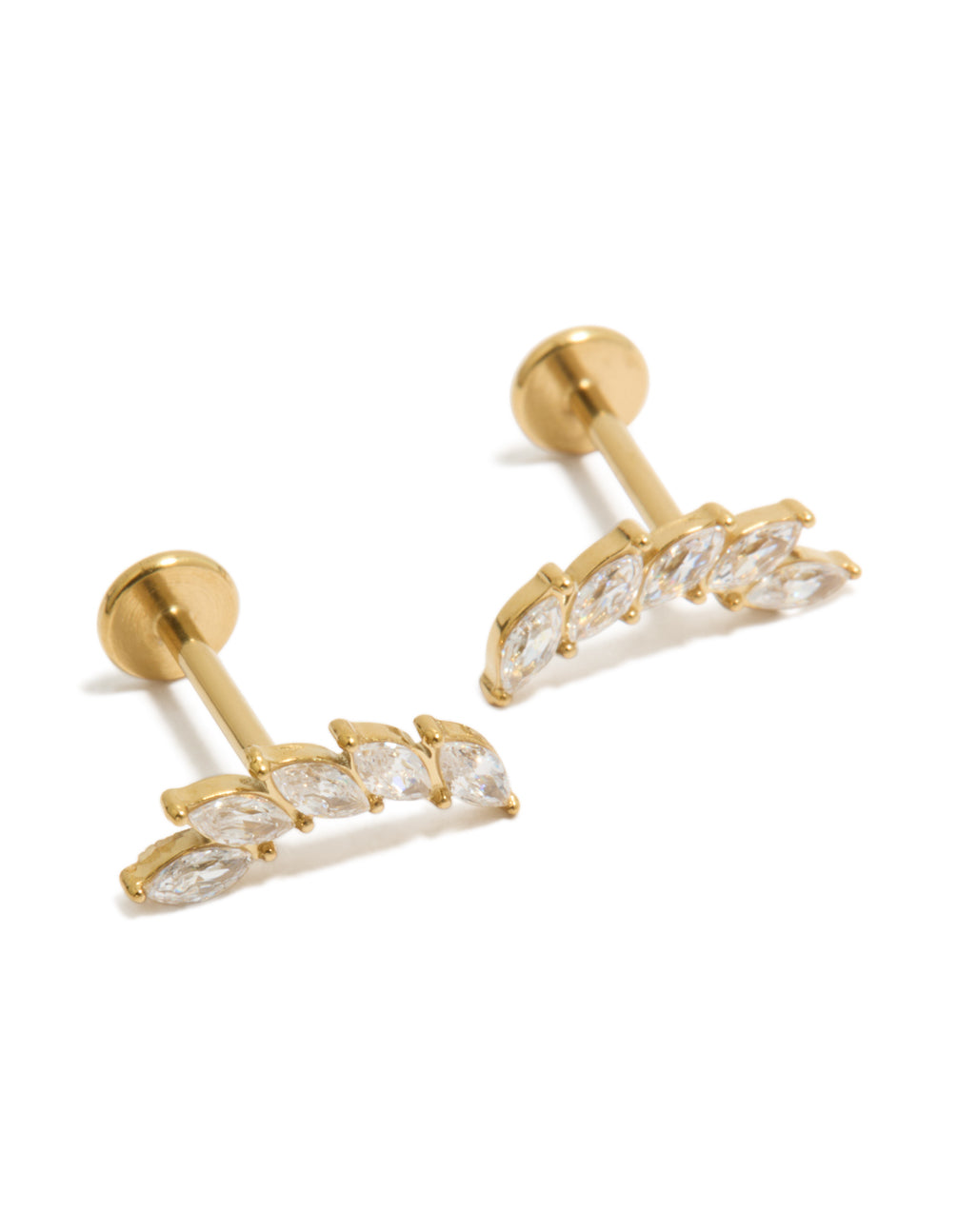 Showcasing waterproof crawler stud earrings crafted from gold plated stainless steel featuring cubic zirconia stones in a leaf design with flat back closure front view