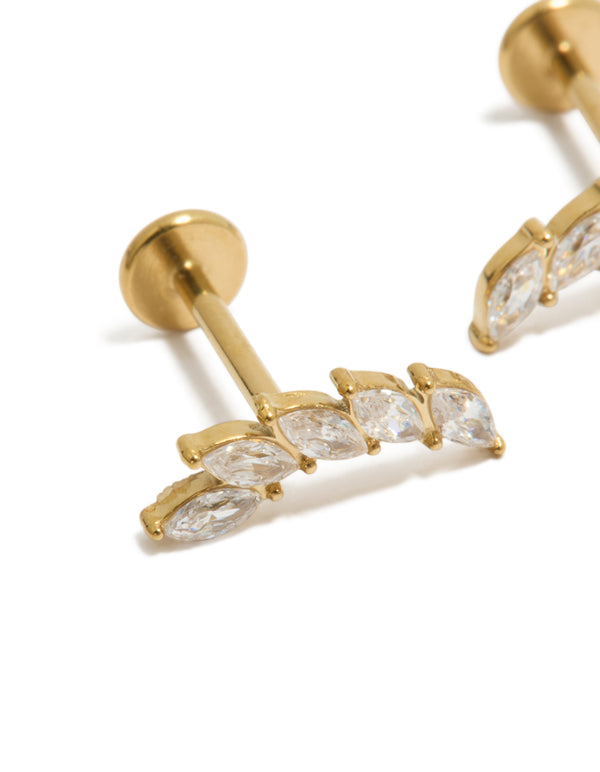 Detailed look at waterproof crawler stud earrings crafted from gold plated stainless steel featuring cubic zirconia stones in a leaf design with flat back closure close up view