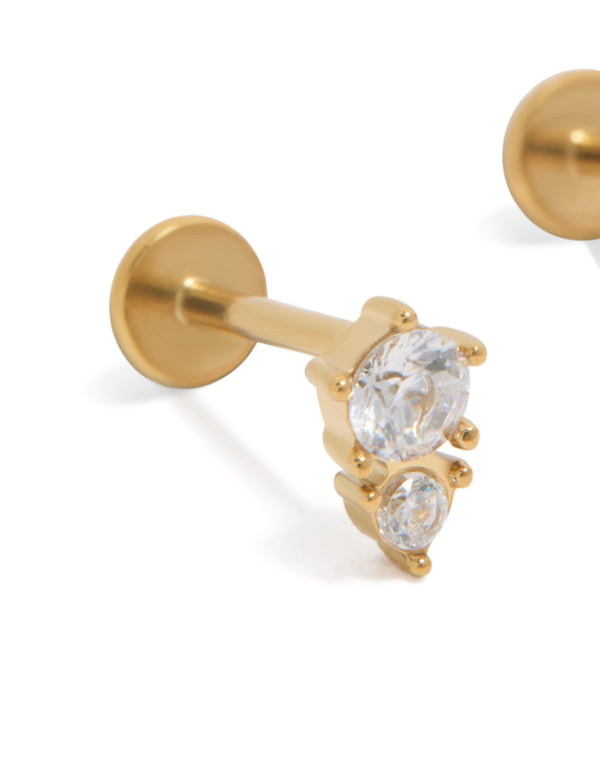 Waterproof Gold Plated Stainless Steel Double Cubic Zirconia Pointed Flat Back Studs