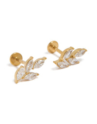 Discover waterproof gold plated stainless steel large cubic zirconia vine flat back studs featuring leaf elements in clear front view - link has visual effect only