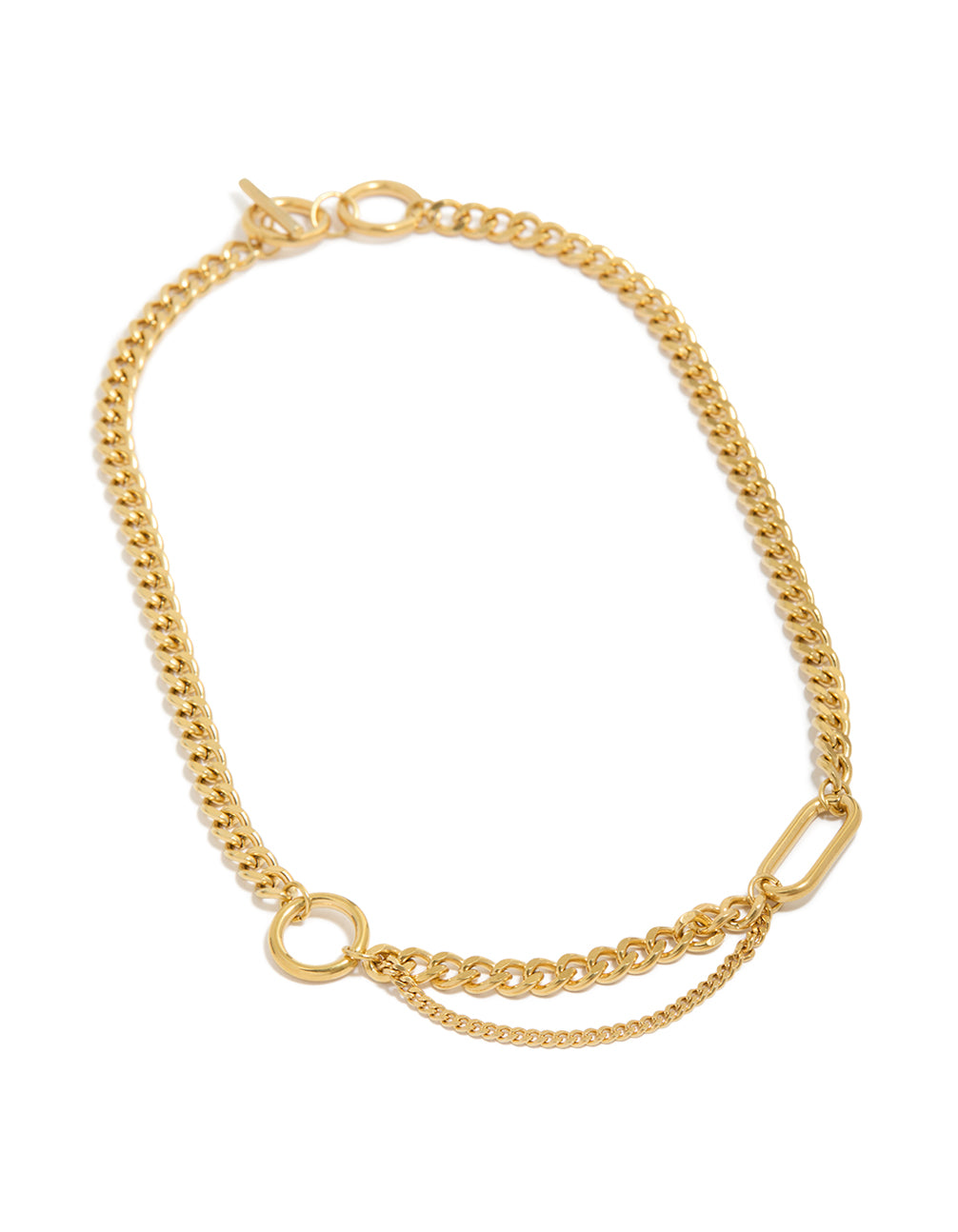 Add to cart this waterproof gold plated stainless steel mixed shape T and O necklace in statement style front view