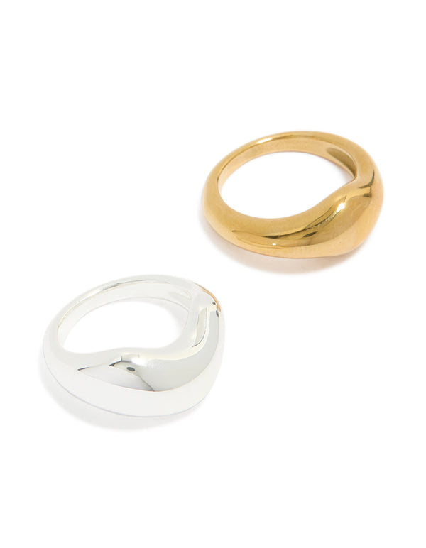 Showcasing waterproof stainless steel organic bubble rings in gold plated and silver plated finishes, 2-pack front view