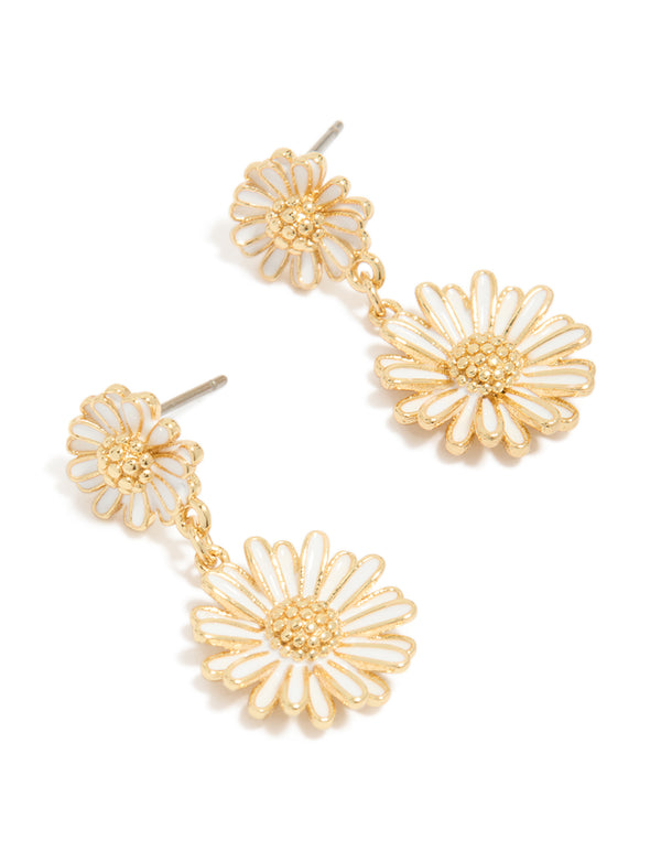 Gold Plated White Enamel Double Daisy Drop Earrings