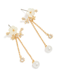 Beautifully crafted gold plated cubic zirconia flower pearl drop earrings featuring charm front view - link has visual effect only