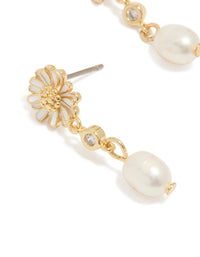 Gold Plated White Enamel Daisy & Freshwater Pearl Drop Earrings - link has visual effect only