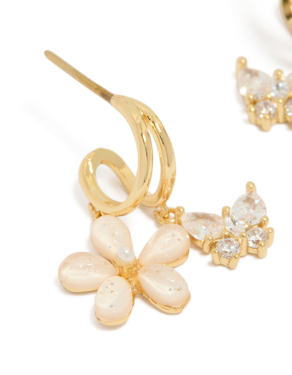 Gold Cubic Zirconia Butterfly & Flower Double Hoop Earrings