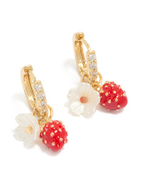 Gold Plated Cubic Zirconia Flower Strawberry Huggie Earrings - link has visual effect only