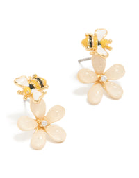Gold Plated Cutesy Pink Flower & Enamel Bee Stud Earrings - link has visual effect only
