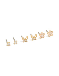 Gold Plated Cubic Zirconia Enamel Butterfly & Flower  Earrings 3-Pack - link has visual effect only