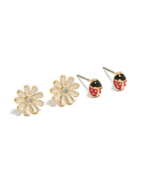Gold Plated Enamel Ladybug & Flower Earrings 2-Pack - link has visual effect only