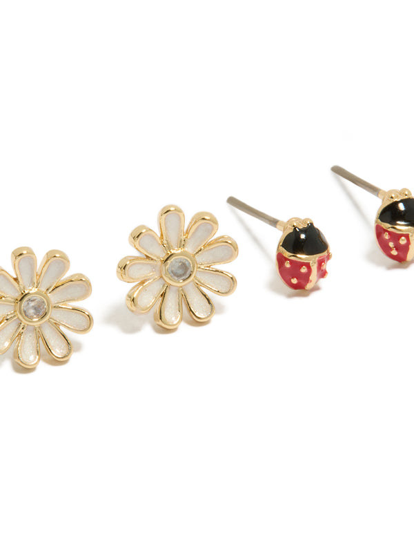 Gold Plated Enamel Ladybug & Flower Earrings 2-Pack