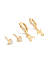 Gold Plated Cubic Zirconia Stud & Bird Huggie Earrings 2-Pack - link has visual effect only