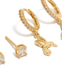 Gold Plated Cubic Zirconia Stud & Bird Huggie Earrings 2-Pack - link has visual effect only