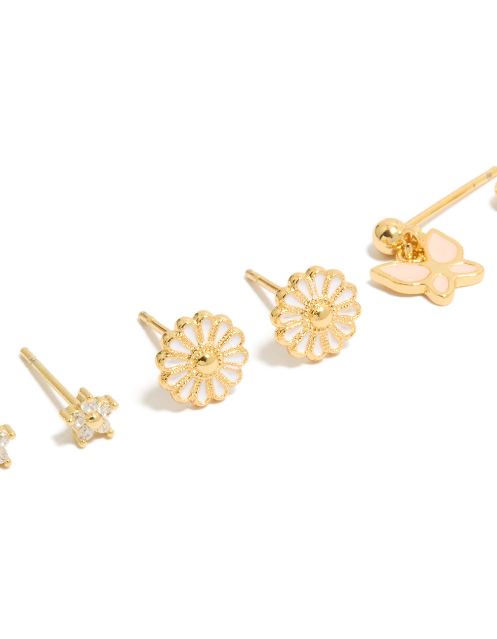 Beautifully designed daisy butterfly stud earrings featuring gold plated enamel with cubic zirconia crystals in a 3-pack close up view