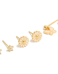 Gold Plated Cubic Zirconia Enamel Daisy & Butterfly Earrings 3-Pack - link has visual effect only