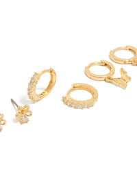 Gold Plated  Cubic Zirconia Bow & Butterfly Huggie Earrings 3-Pack - link has visual effect only
