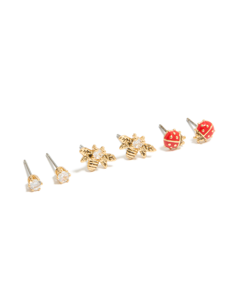 Discover dainty stud earrings in a 3-pack featuring bee and ladybug designs, crafted from gold plated enamel with cubic zirconia crystal accents front view