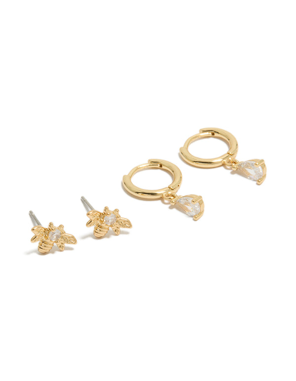 Gold Plated  Cubic Zirconia Bumblebee Stud & Huggie Earrings 2-Pack