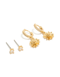 Gold Plated Cubic Zirconia  Studs & Sunflower Huggie Earrings 2-Pack - link has visual effect only