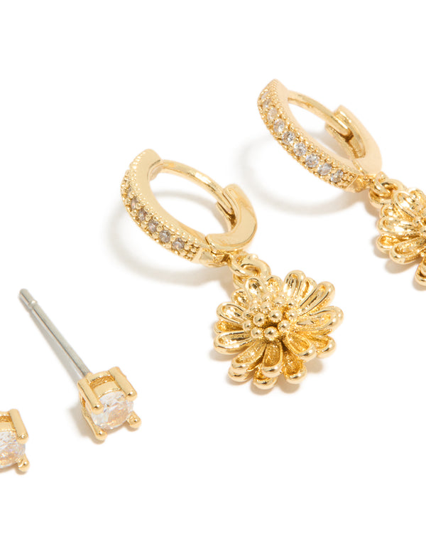 Gold Plated Cubic Zirconia  Studs & Sunflower Huggie Earrings 2-Pack