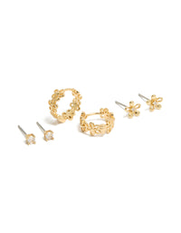 Gold Plated Cubic Zirconia Outline Flower Studs & Huggie Earrings 3-Pack - link has visual effect only