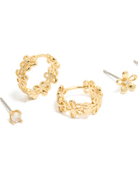 Gold Plated Cubic Zirconia Outline Flower Studs & Huggie Earrings 3-Pack - link has visual effect only