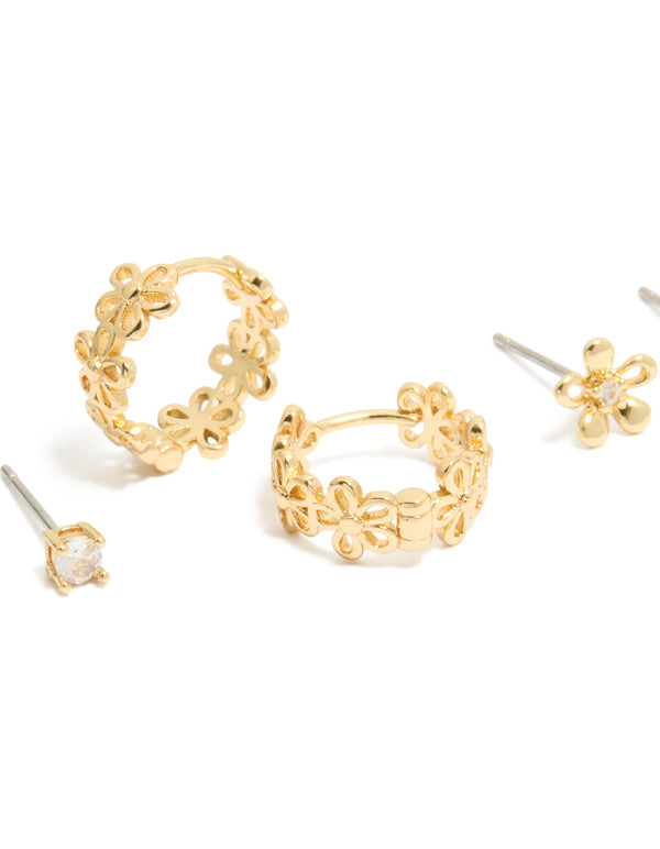 Gold Plated Cubic Zirconia Outline Flower Studs & Huggie Earrings 3-Pack