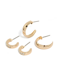 Showcasing a gold diamante and plain hoop earrings 2-pack with closure, front view - link has visual effect only
