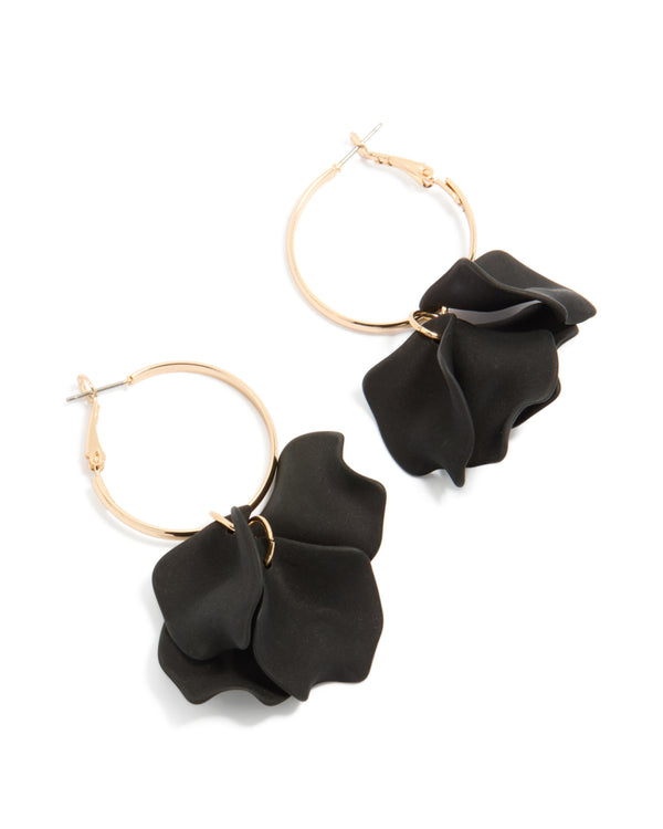 Gold Black Acrylic Petal Drop Hoop Earrings
