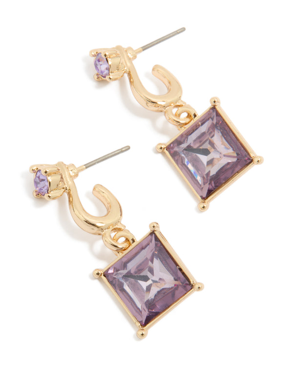 Gold Square Purple Diamante Drop Earrings