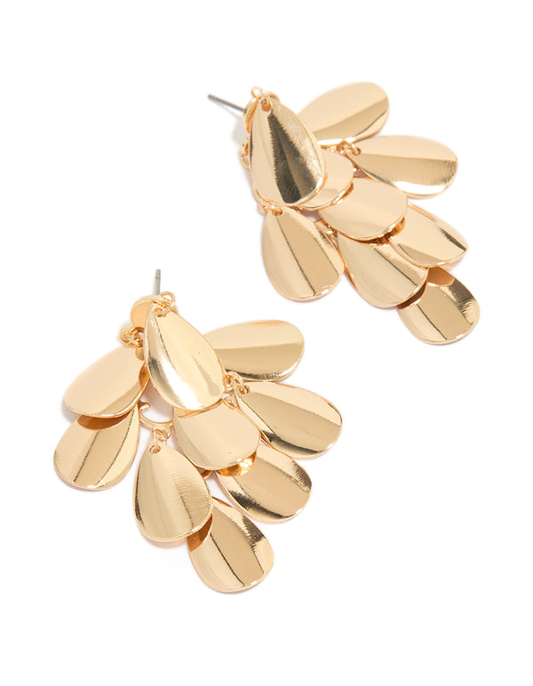 Featuring gold oval charm layered drop earrings with statement style front view