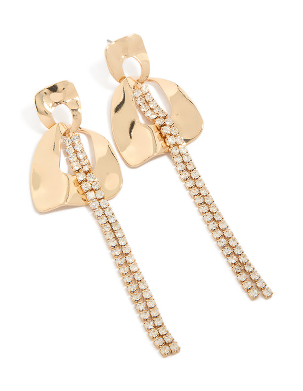 Showcasing statement drop earrings featuring floral petal elements with diamante embellished stems in gold front view