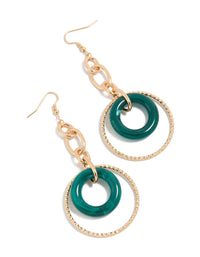 Statement acrylic circle drop earrings in teal and gold front view - link has visual effect only