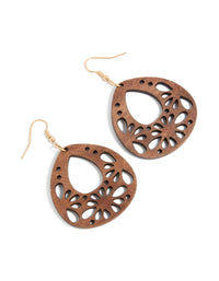Beautifully crafted wooden teardrop earrings in a statement style front view - link has visual effect only