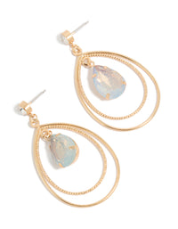 Showcasing teardrop layered drop earrings with glitter detailing in gold and statement styling front view - link has visual effect only