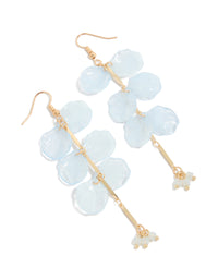 Showcasing gold beaded and light blue drop earrings with floral petal details front view - link has visual effect only