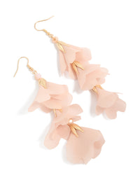 Beautifully crafted gold drop earrings featuring beads, pink floral petal and statement style in light colors front view - link has visual effect only