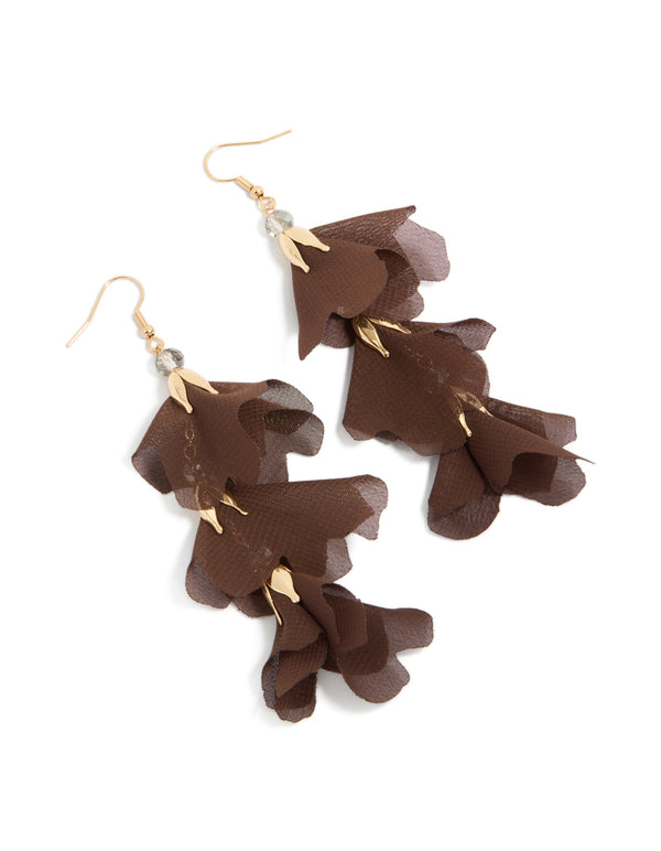 Showcasing gold chocolate brown floral petal drop earrings front view