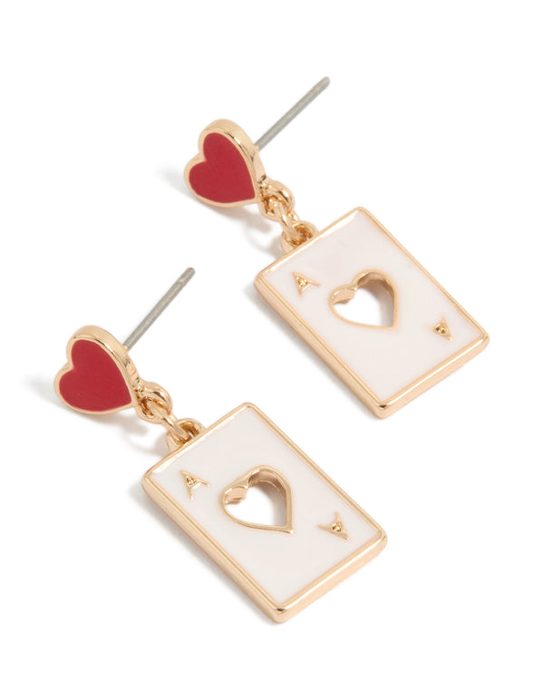 Showcasing statement drop earrings featuring gold ace of hearts card charm with white enamel and red heart stud front view
