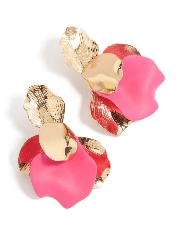 Showcasing statement stud earrings featuring floral design in hot pink and coral with gold accents front view