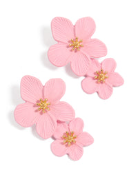 Showcasing gold double pink flower earrings with beaded in statement style front view - link has visual effect only