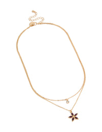 Crafted from gold with clear and purple diamante floral pendant layered necklace front view - link has visual effect only